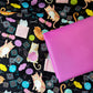 Cat knitting print cotton fabric paired with bright pink bonded nylon for sewing handbags, totes, pouches, wallets, and handmade accessories.