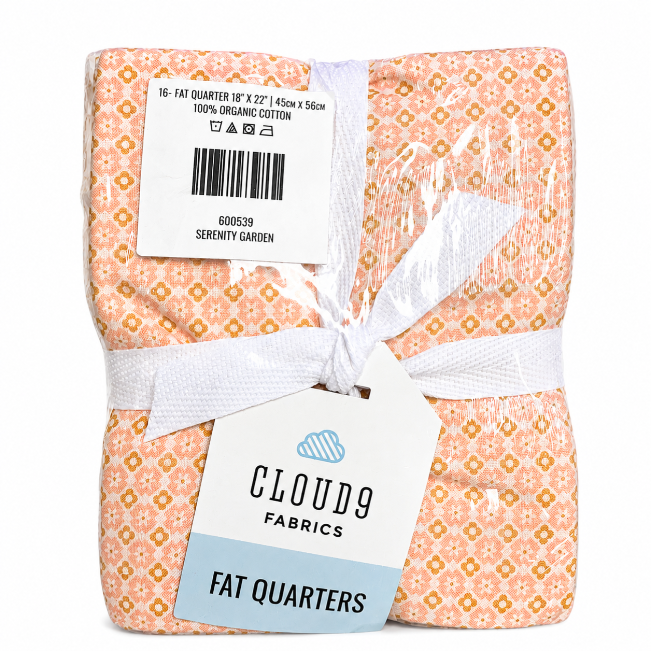 Cloud9 Fabrics Serenity Garden bundle with 16 organic cotton fat quarters measuring 18 x 22 inches, featuring coordinating floral and botanical quilting fabrics.