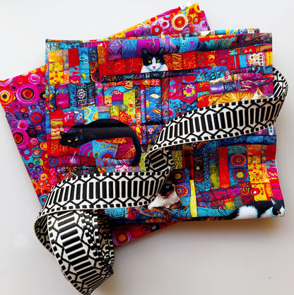 Colorful cat and patchwork cotton fabric paired with black and white geometric webbing, featuring vibrant multicolor designs, perfect for handbags, totes, pouches, backpacks, and sewing projects.