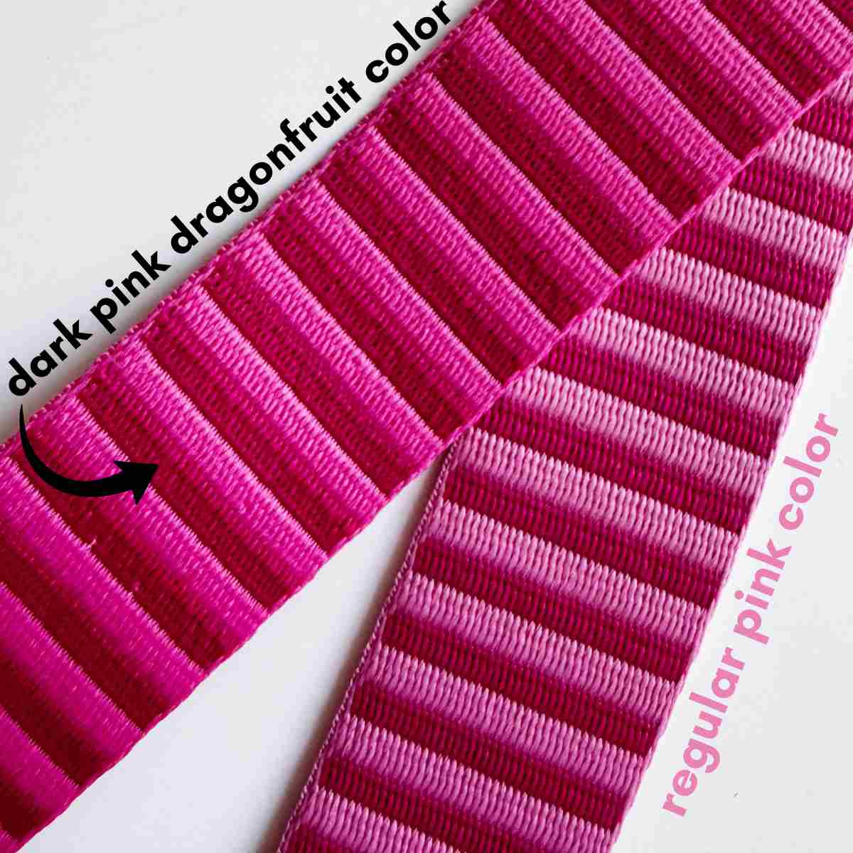 Close-up of pink webbing straps labeled 'dark pink dragonfruit color' and 'regular pink color'.