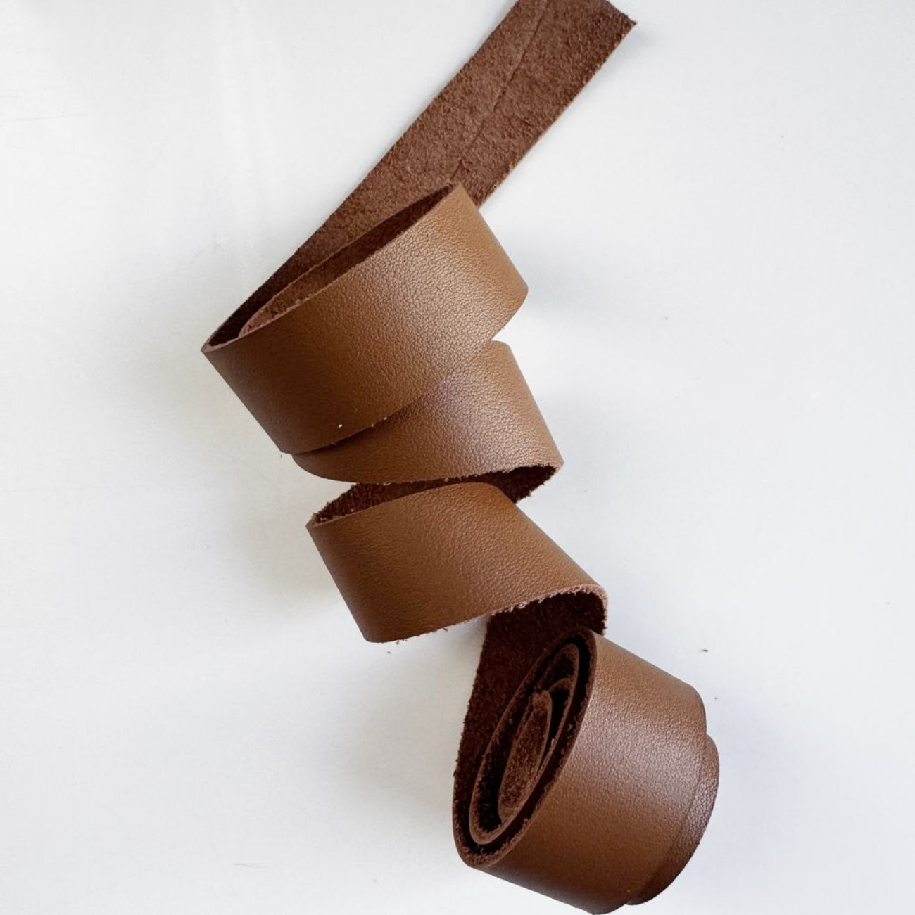 Coiled 1-inch wide medium brown leather strap for bag making on a white background.