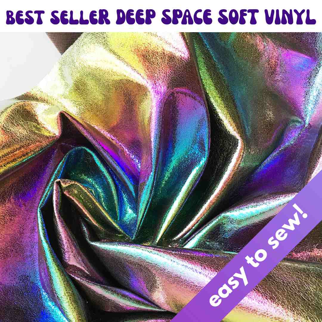 This is the Deep Space Soft Vinyl fabric by Sew Hungry Hippie, a luxuriously soft faux leather with a color-shifting iridescent and crackle metallic finish.