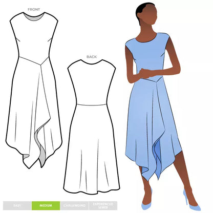 Elley designer knit dress, front & back view, plus model in blue.
