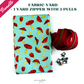 Promotional graphic for a sewing bundle featuring mushroom-print fabric, a red zipper, and sewing machine-shaped zipper pulls.