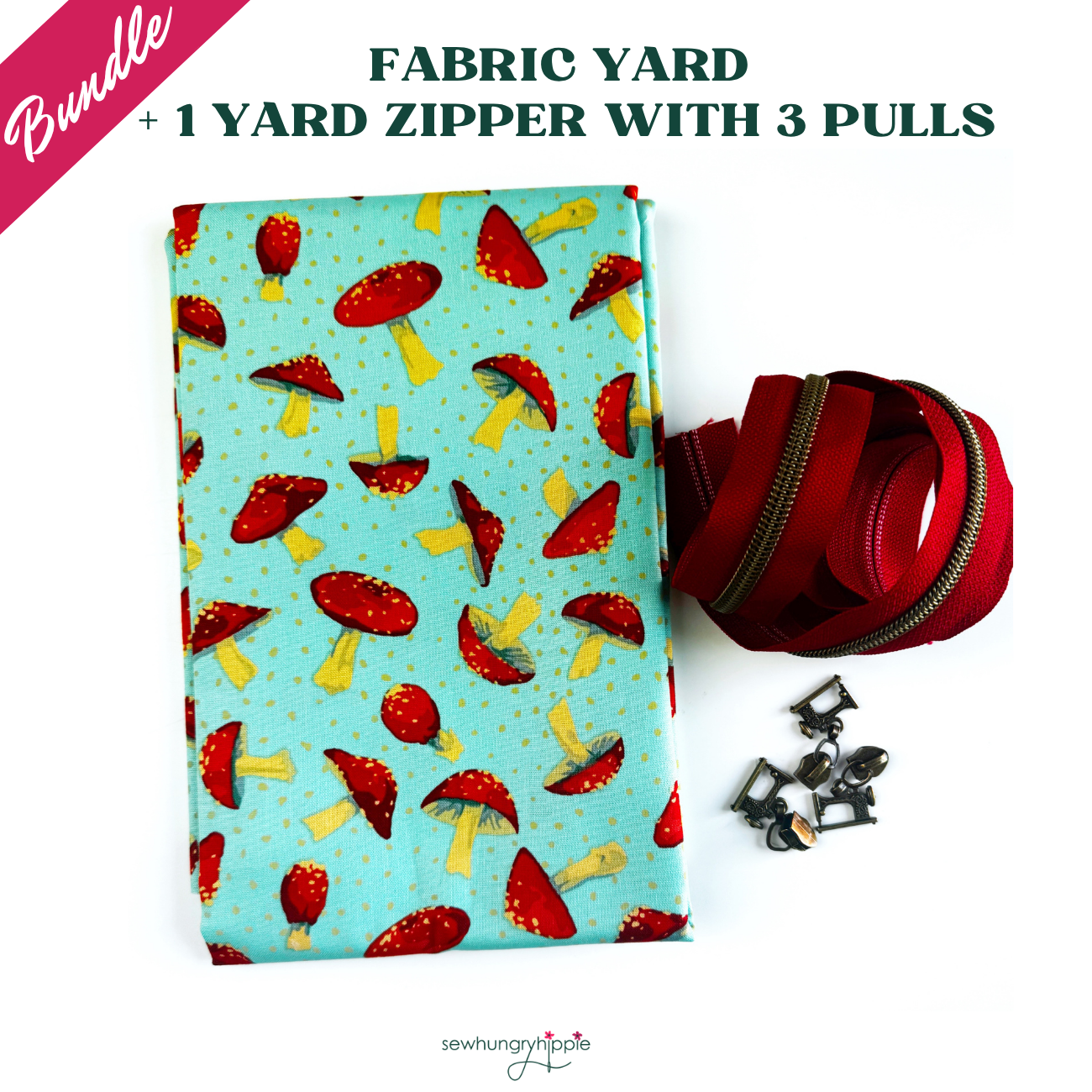 Promotional graphic for a sewing bundle featuring mushroom-print fabric, a red zipper, and sewing machine-shaped zipper pulls.
