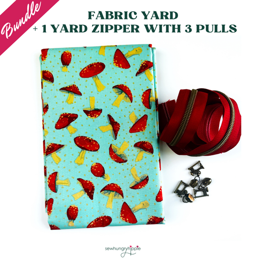 Promotional graphic for a sewing bundle featuring mushroom-print fabric, a red zipper, and sewing machine-shaped zipper pulls.