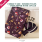 Promotional graphic for a sewing bundle featuring floral print fabric, cream bonded nylon, a dark plum zipper, and flower zipper pulls.