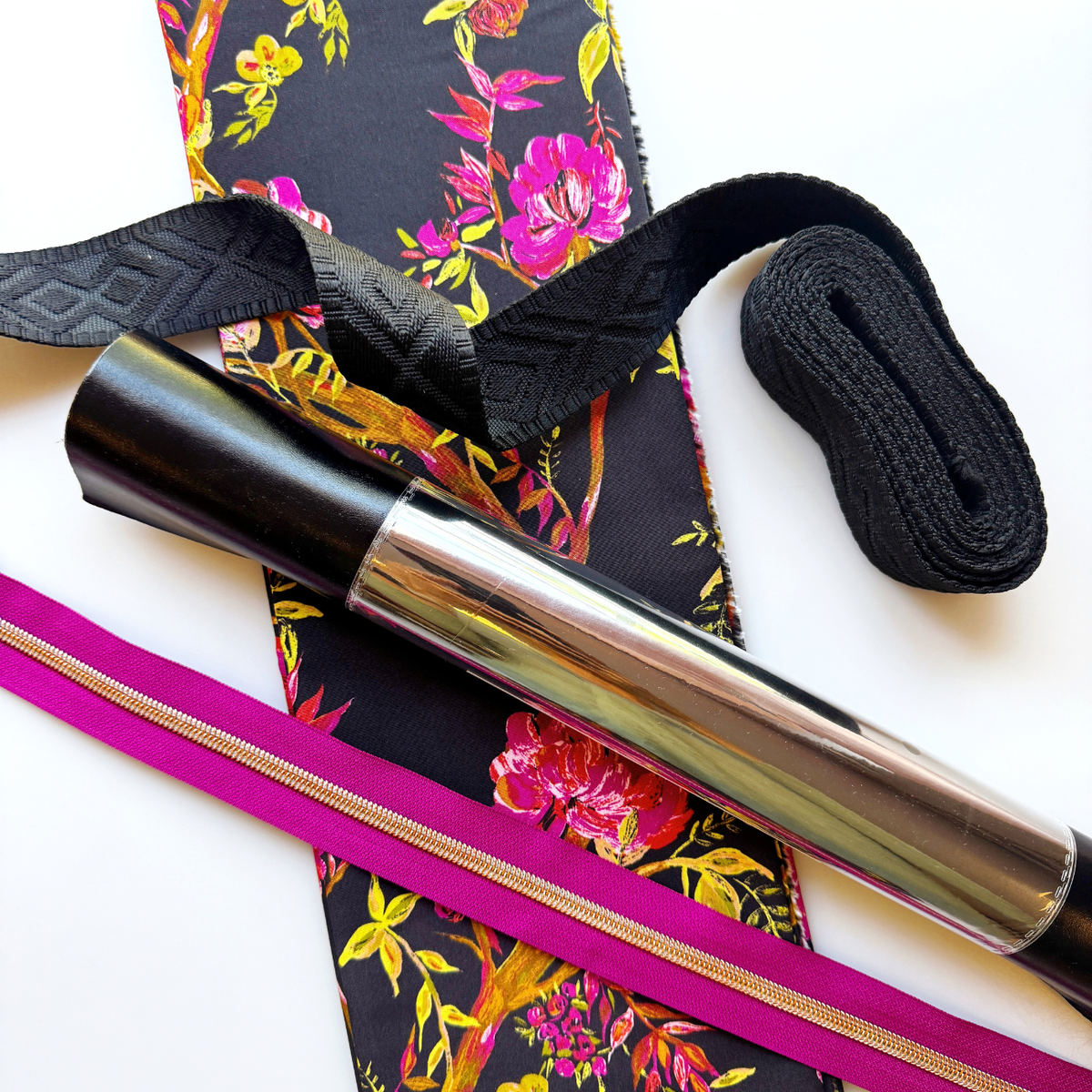 Floral bag-making supply bundle with 1 yard fabric, 3 yards webbing, 3 yards zipper, and smooth vinyl