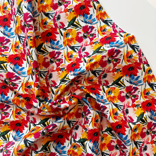 Floral fabric pattern (3190E35C) with red, yellow, and blue flowers Durable canvas fabric - ideal for upholstery, bags, and DIY projects