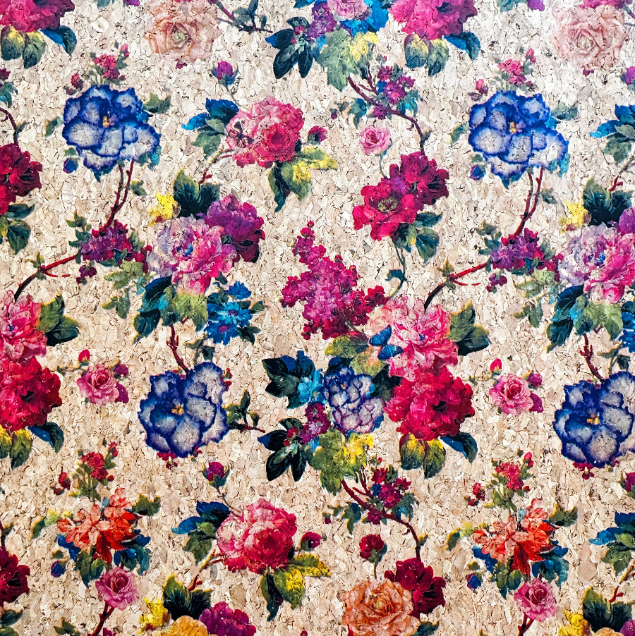 Colorful floral pattern on a textured beige background
