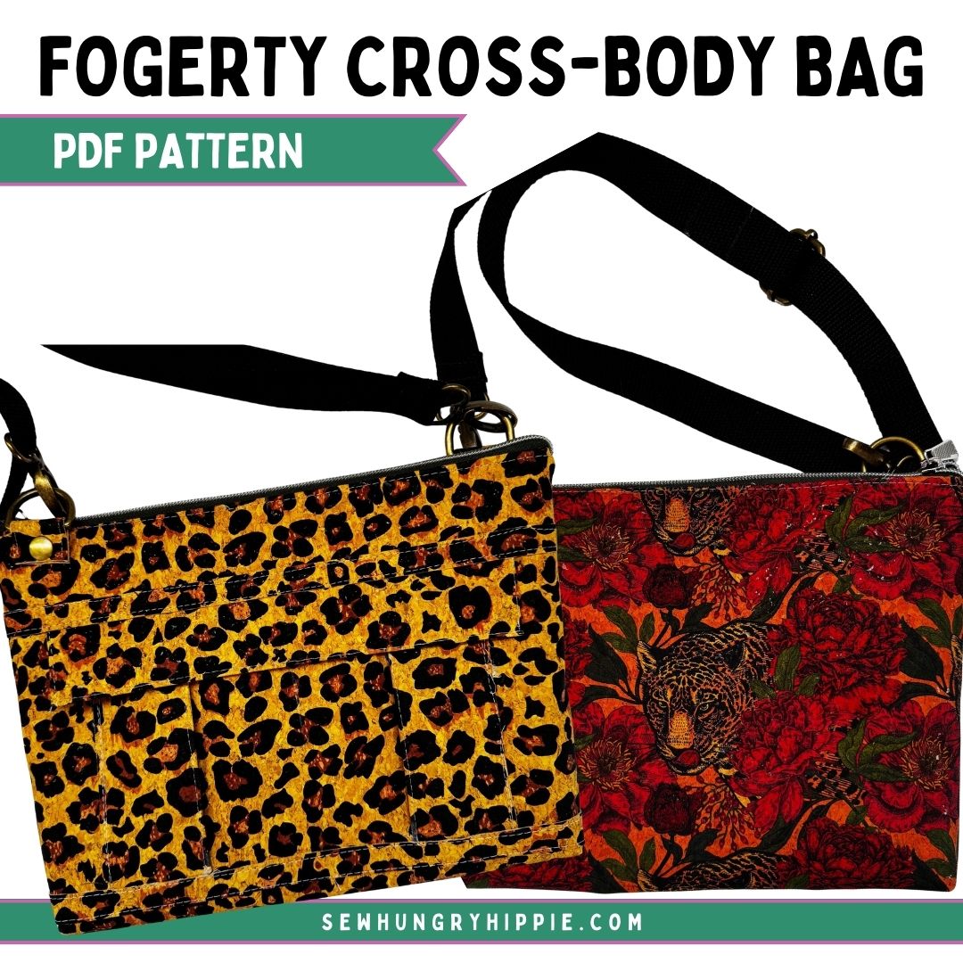Fogerty crossbody bag sewing pattern finished bag with front flap pocket and zipper closure