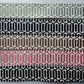 Five horizontal woven trim or ribbon strips with geometric patterns in different colors, displayed on a light gray background. The colors are light sage green, navy blue, taupe brown, pink, and black.