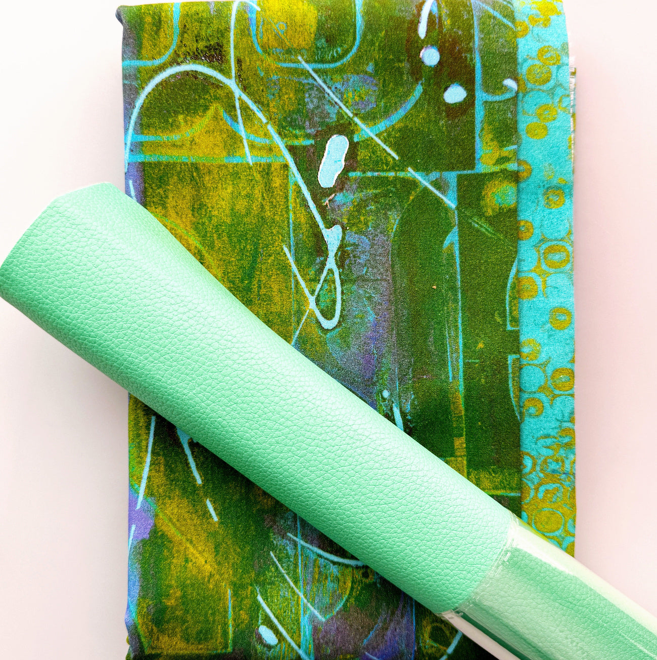 2 yard green abstract fabric with mint green pebbled vinyl for bag making