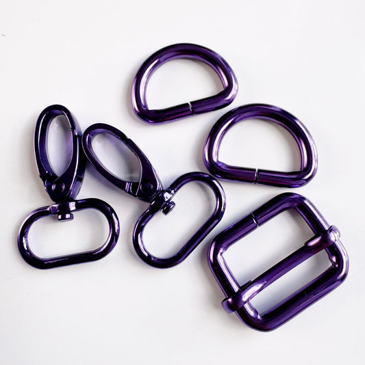 bag making hardware set in shiny metallic purple bag-making hardware