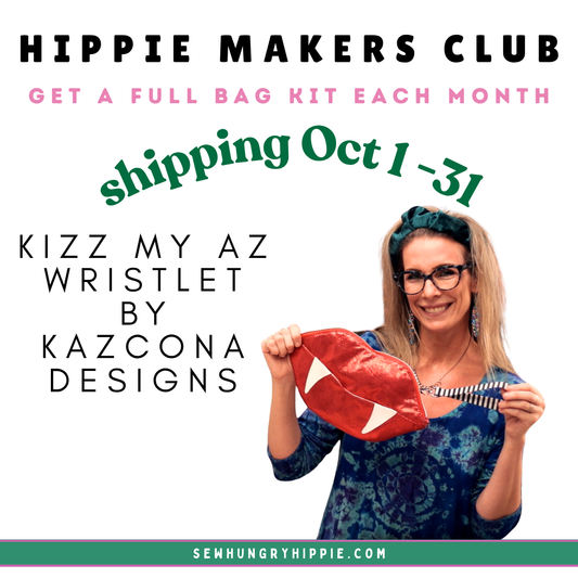 Hippie Makers Club October kit: woman holding a red lips Kizz My Az wristlet