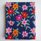 Floral patterned fabric with colorful flowers on a blue background