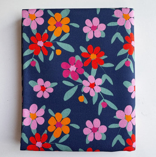 Floral patterned fabric with colorful flowers on a blue background