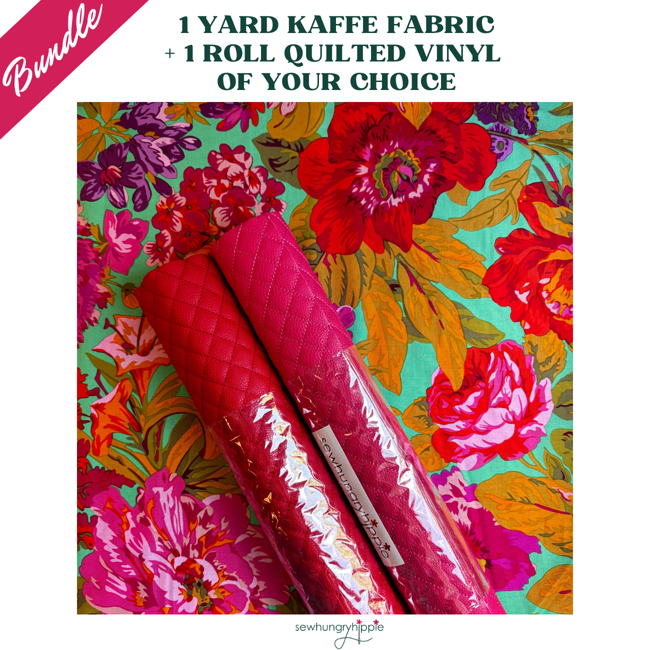 Kaffe Fassett floral cotton fabric paired with red quilted vinyl for sewing handbags, totes, wallets, and handmade accessories.