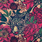 Patterned fabric with leopards and red flowers on a textured background