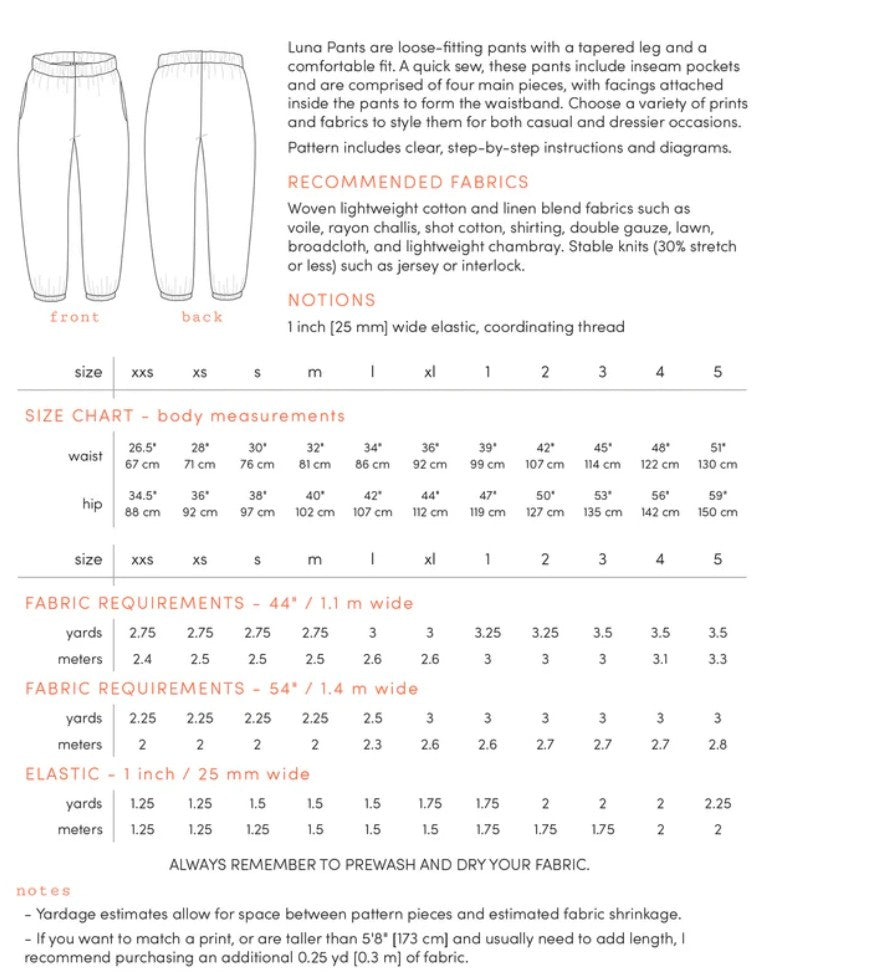 Luna pants sewing pattern