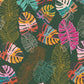 Colorful tropical leaf pattern on a dark green background