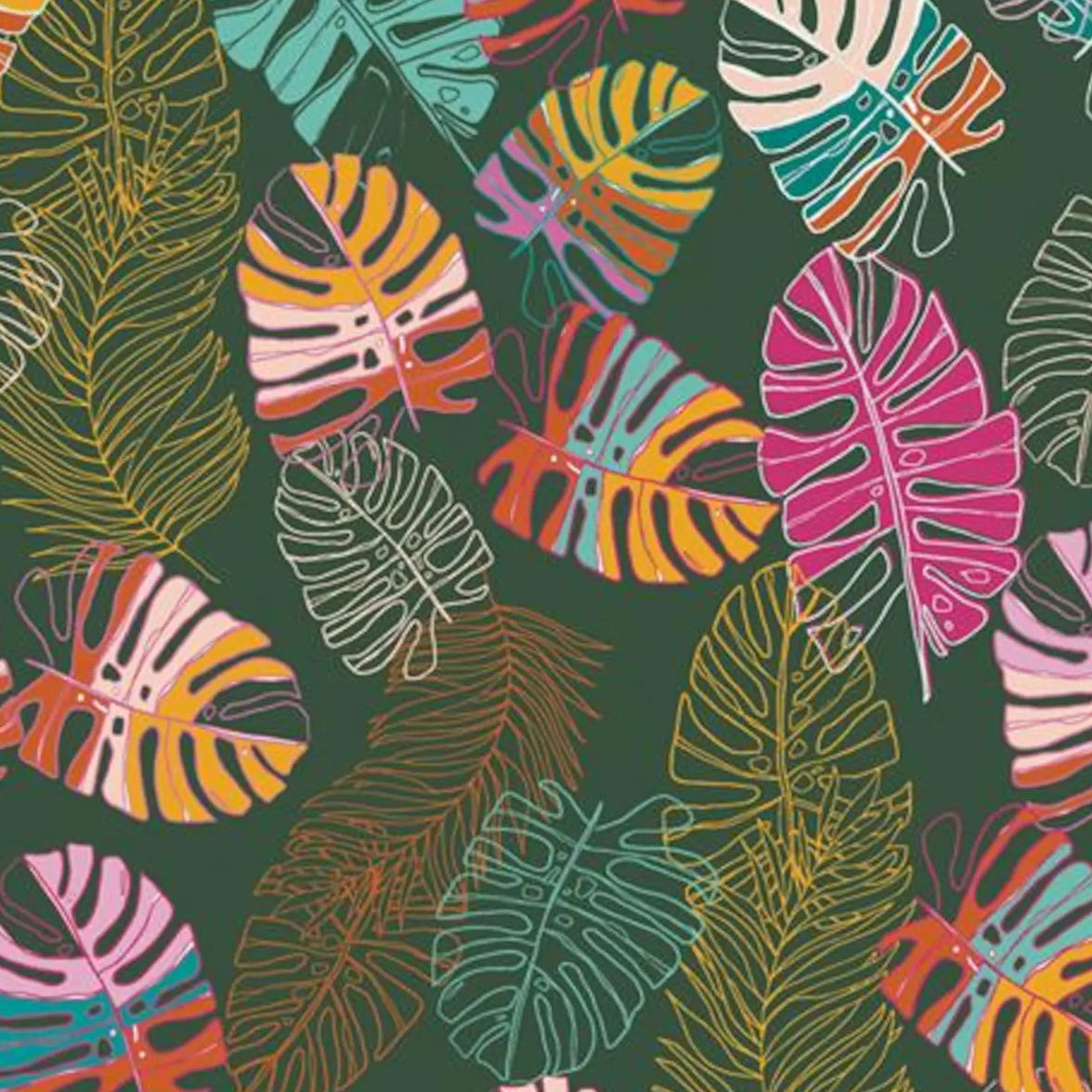 Colorful tropical leaf pattern on a dark green background