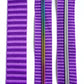 A matching purple bag making set featuring a thick, two-tone purple striped jacquard woven webbing strap on the left, a continuous zipper tape with rainbow metallic coil teeth in the center, and a matching purple zipper tape with metallic silver coil teeth on the right.