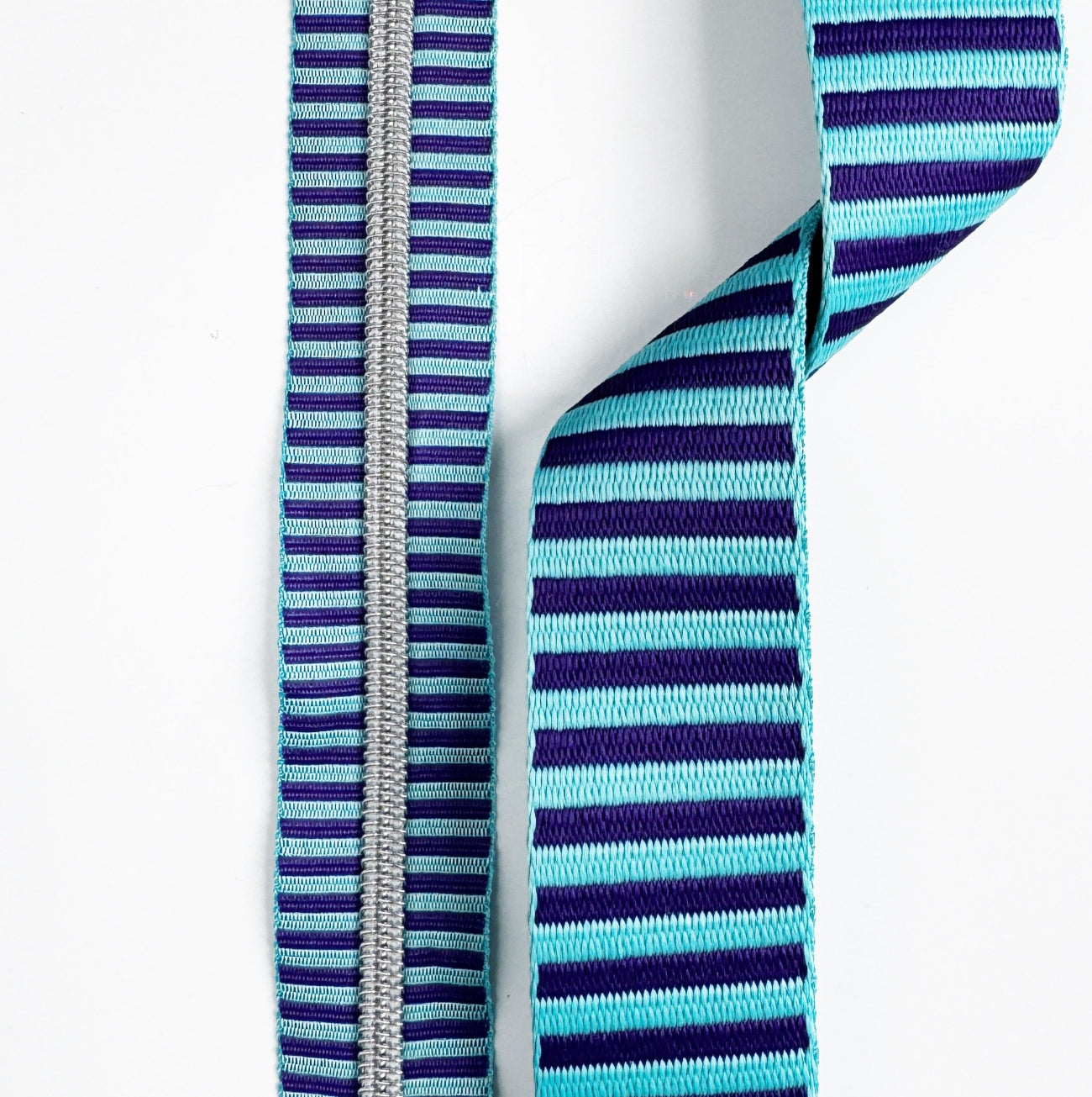 A matching set featuring a continuous zipper tape with silver coil teeth on the left and a thick jacquard webbing strap on the right, both showcasing an identical dark blue and light blue horizontal stripe pattern against a white background.