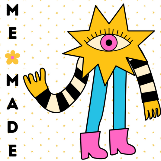 Made Me Tag custom woven embroidered label long legged yellow star head with pink eye and pink shoe