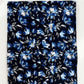 A flat, top-down view of the Midnight Bloom - Navy Blue Bonded Nylon – 36" x 58" fabric showing a rectangular piece of material. The navy blue bonded nylon fabric features a striking floral pattern with shades of light blue and white blossoms, layered alongside muted gray and white leaves. The dense, repeating botanical design is displayed clearly against a plain white background surface.