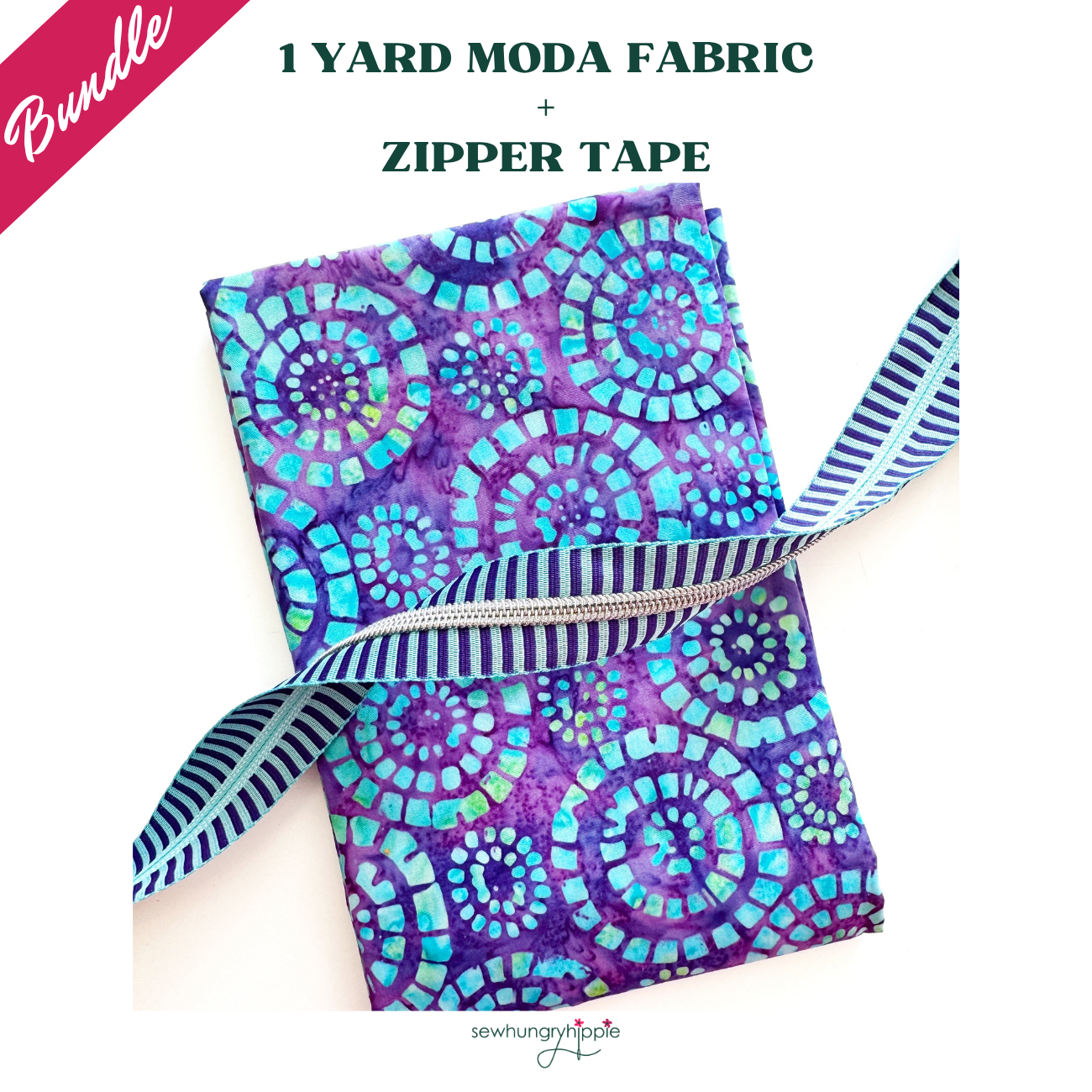 Moda Mermaid Batiks Amethyst fabric and jacquard zipper tape coordinates bundle by Sew Hungry Hippie.