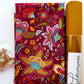 Moda Fabrics Sitara Jasmine in Rose Wine cotton quilting fabric by Crystal Manning featuring vibrant Bohemian floral and paisley motifs in fuchsia, teal, lime green, mustard yellow, orange, and cream on a burgundy background, paired with mustard yellow textured faux leather vinyl and gold-tone lobster clasps and D-rings from Sew Hungry Hippie. Coordinated bag-making supplies for DIY handbags, purses, and sewing projects.