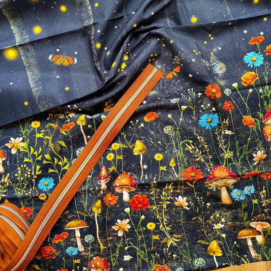 A woodland-themed cotton fabric featuring a dark floral and mushroom print and Toffee Zipper Tape