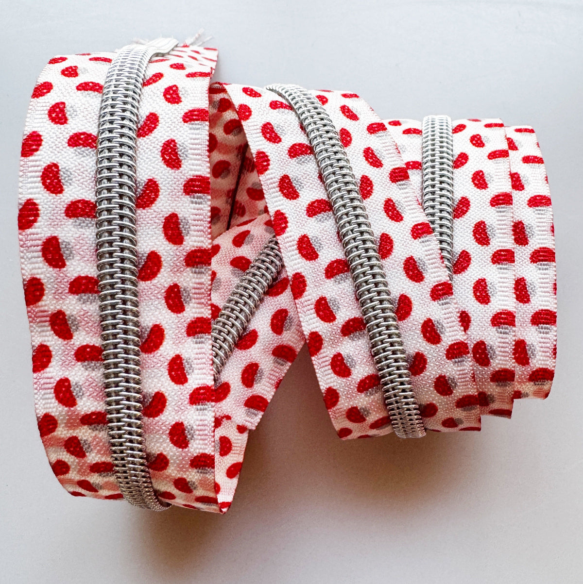 zipper coiled up with mushroom print on both sides