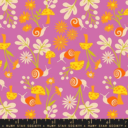 Mushrooms and Snails Heliotrope Fabric per yard