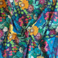 Colorful floral fabric with a dark blue background