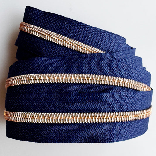 #5 Navy Continuous Zipper Tape with Rose Gold Teeth - 3 Yards