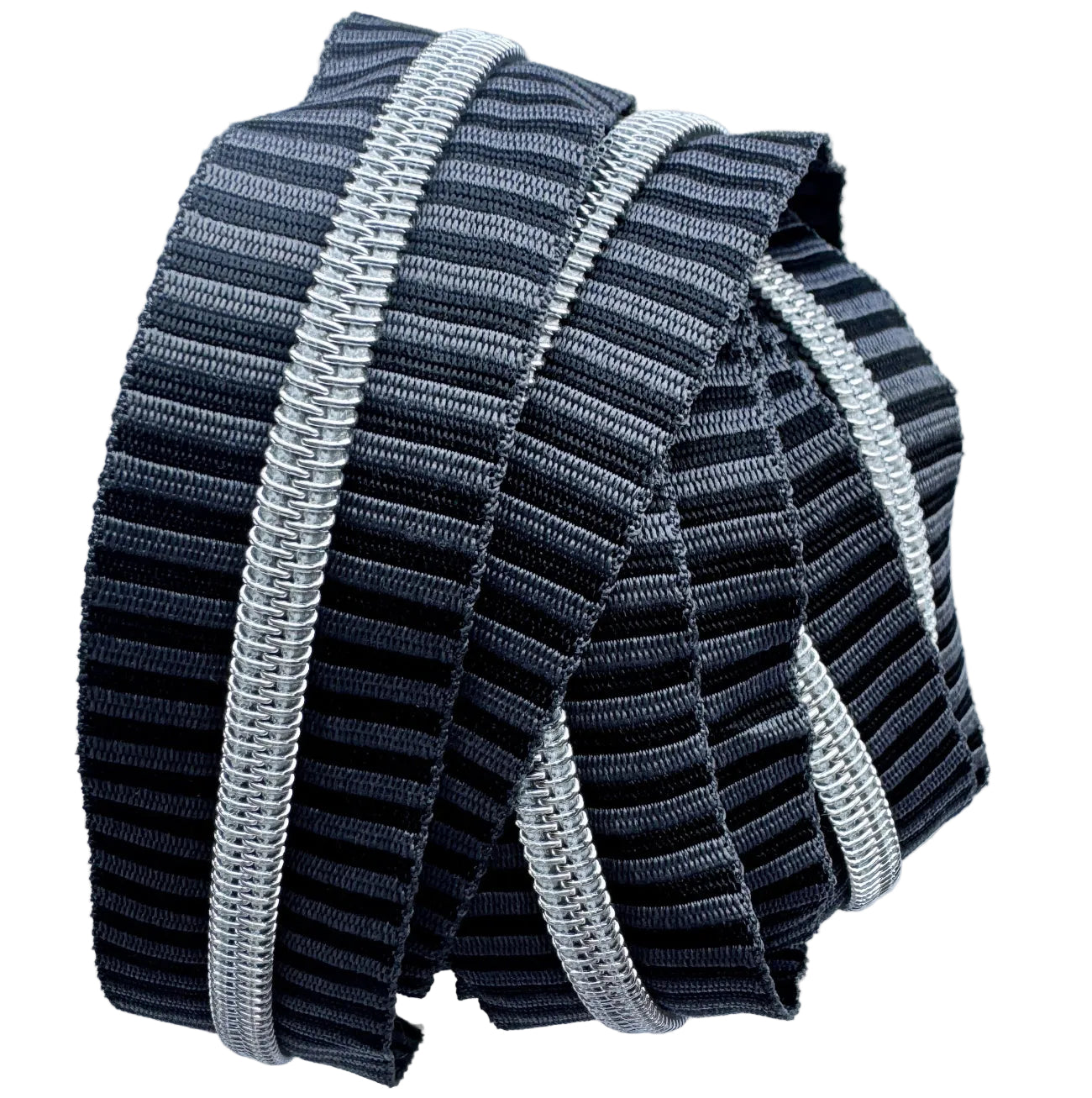 Number 5 continuous nylon coil zipper tape featuring a charcoal grey and black striped jacquard woven pattern with metallic silver teeth, coiled tightly against a white background.