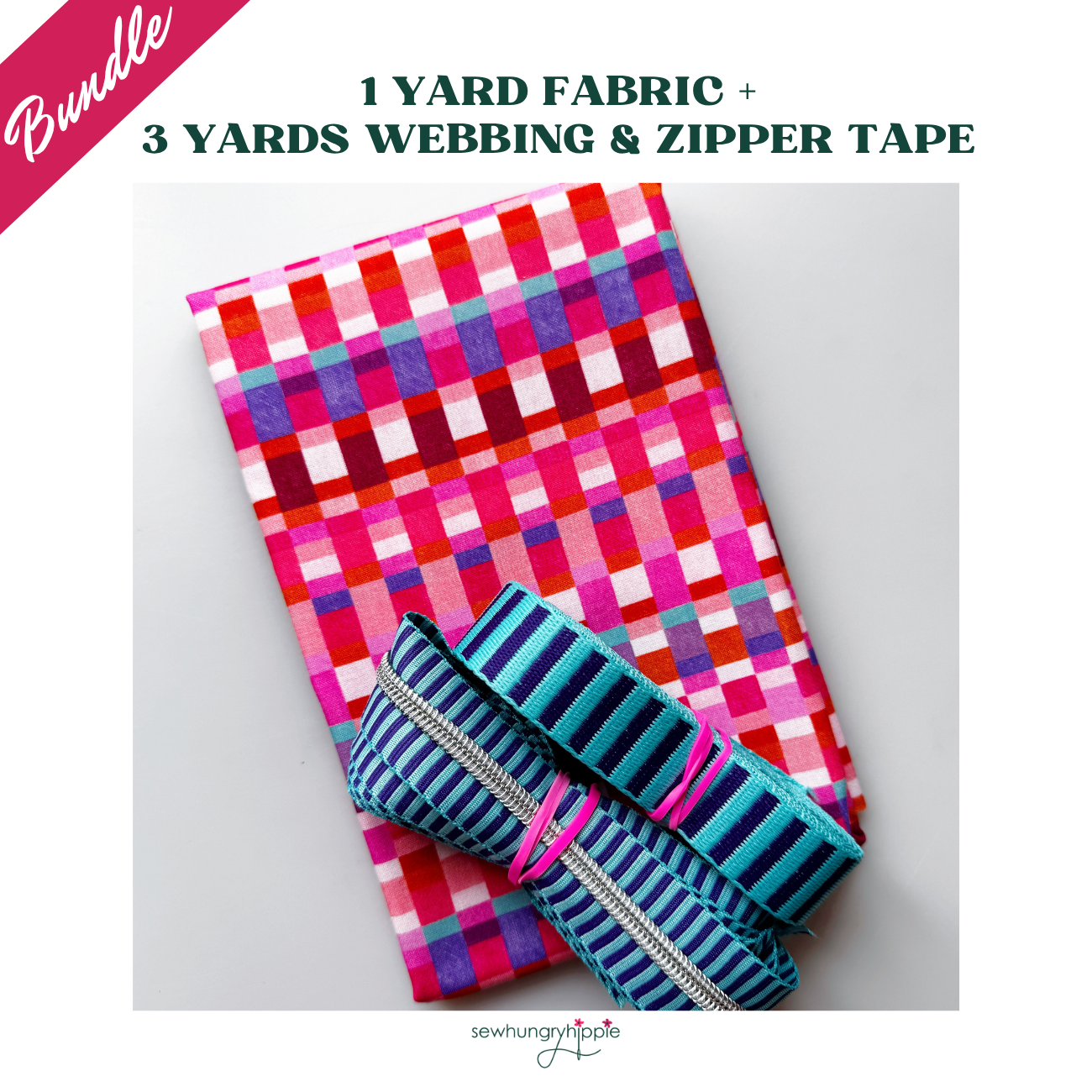 Pink Multicolor Fabric & Bright Blue Striped Zipper Tape and Webbing Bundle – Bag Making Kit