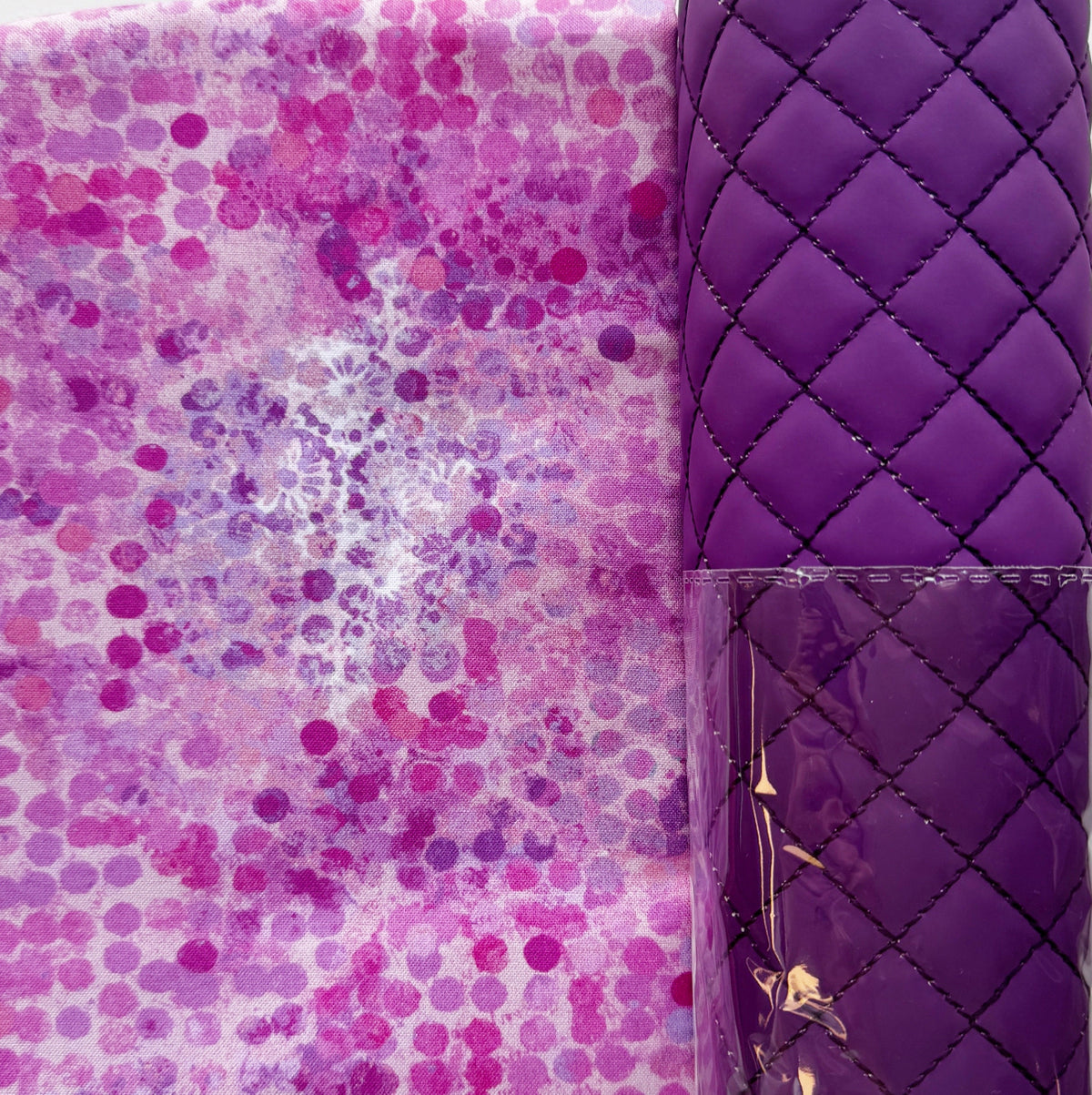 Pink and purple batik cotton fabric paired with deep purple diamond-quilted vinyl fabric for bag making