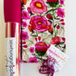 Pink vinyl, floral fabric, and pink bag hardware for sewing and bag-making projects