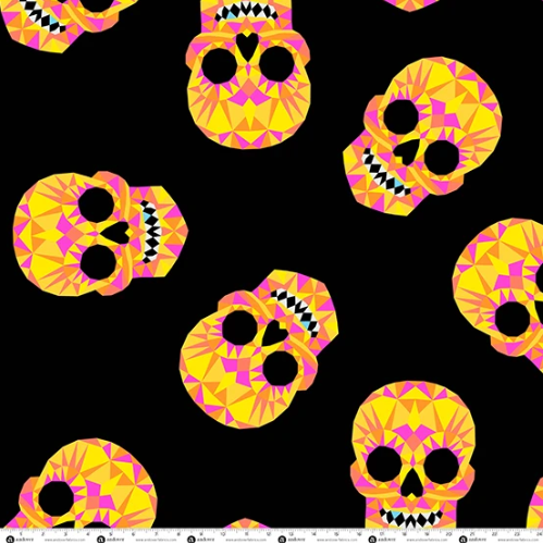 A repeating pattern of stylized sugar skull illustrations in bright yellow and pink on a solid black background.