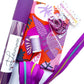 A flat lay of a Sew Hungry Hippie bag-making kit featuring a roll of purple faux leather vinyl, tropical leaf print fabric, matching purple hardware, dual-color zippers, and thread.
