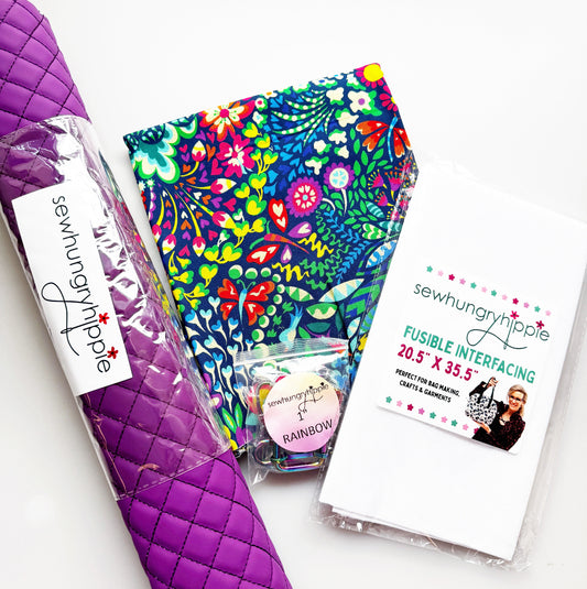 Purple quilted vinyl, Sally Kelly Hide & Seek fabric, rainbow hardware and fusible interfacing bag making bundle