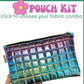 Colorful grid-patterned pouch held by a hand with text 'Pouch Kit' and 'click to choose your fabric combo' on a green border.