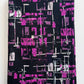 Fabric with abstract purple and white pattern on black background