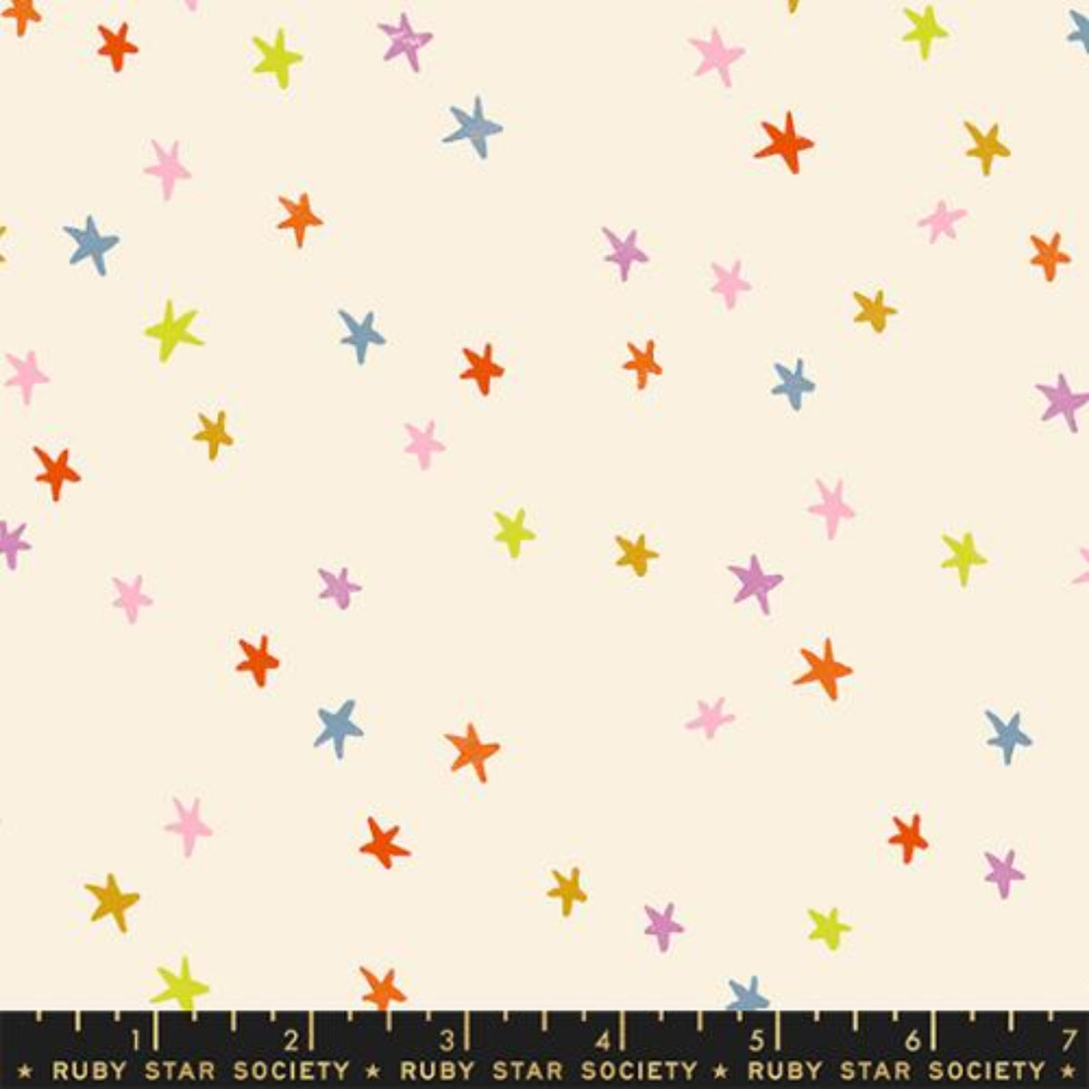 Ruby Star Society Starry Multi wideback quilting fabric by Alexia Marcelle Abegg, featuring small hand-drawn rainbow stars scattered across a cream background.