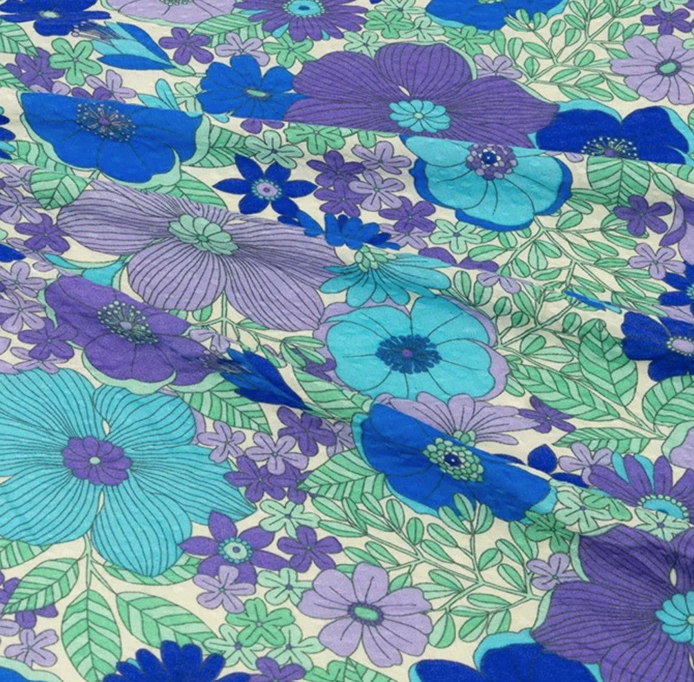 Rayon Retro Floral Ivory/Teal/Purple