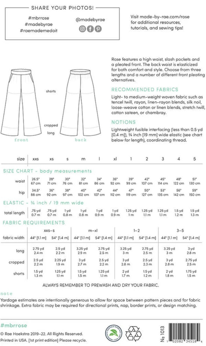 Rose pants sewing pattern