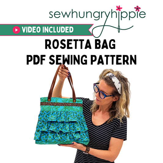 Sew Hungry Hippie Rosetta Bag PDF sewing pattern featuring Natalie Santini holding a green, blue, and black patterned shoulder bag with three rows of ruffles and leather straps.